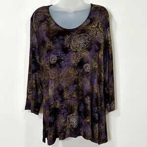 VINTAGE CITIKNIT Tunic M Purple Gold Medallion Print 3/4 Sleeve Scoop Neck USA